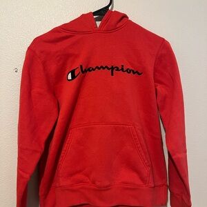 Champion Pullover Hoodie Men’s Size L Red Spell Out Logo Embroidered Sweatshirt